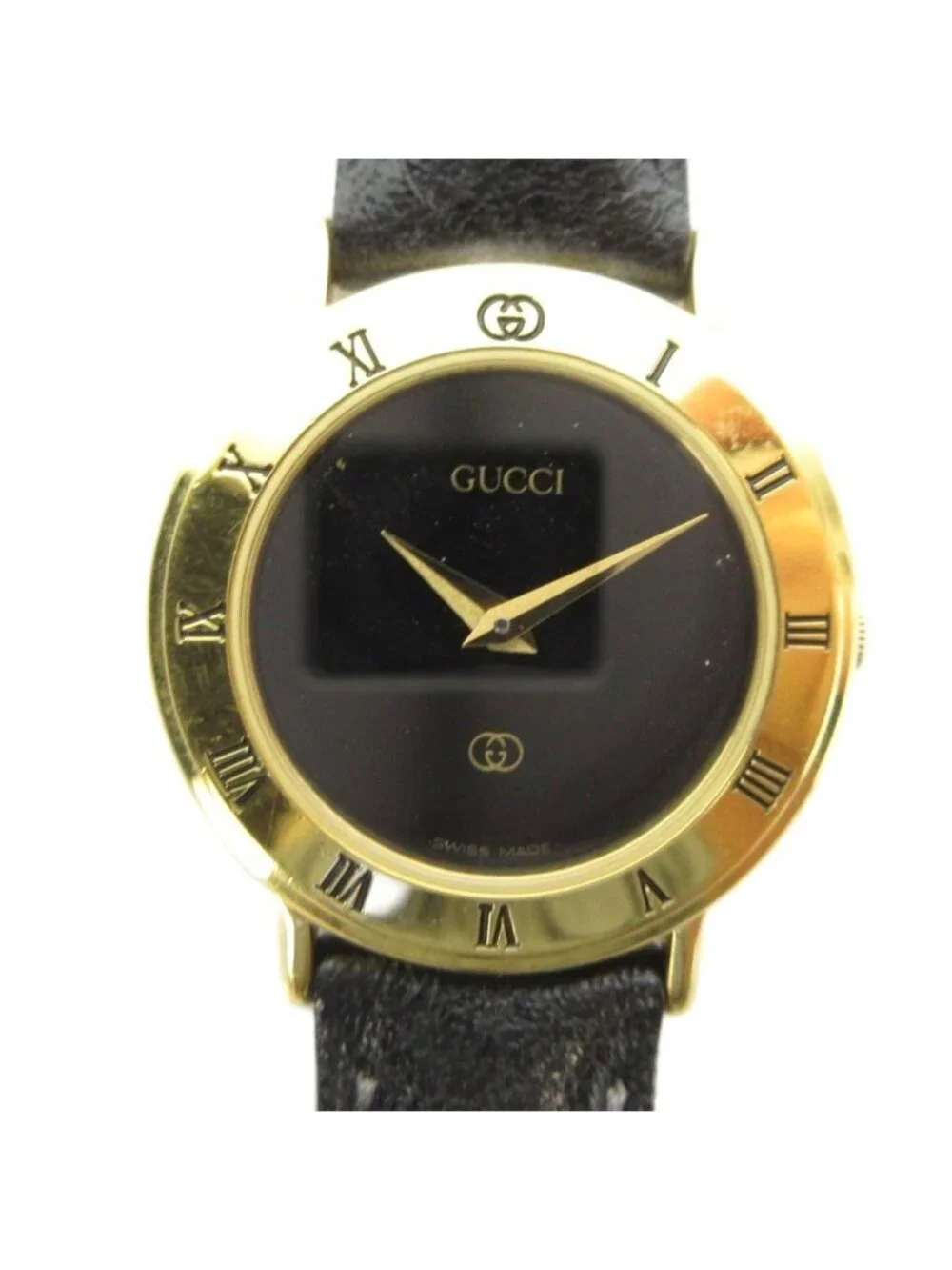 Gucci L Watch Quartz Black Dial Leather Gold - Picture 1 of 6